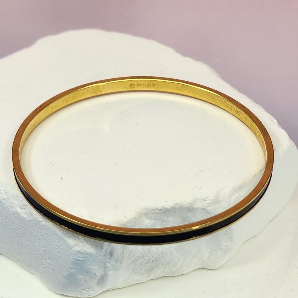 Monet Black Enamel Gold Tone Bangle Bracelet Vintage Minimalist Statement Gift